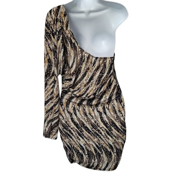 Sequin Embellished One Shoulder Mini Dress Juniors XL Ruched Sides Animal Print - Picture 6 of 11